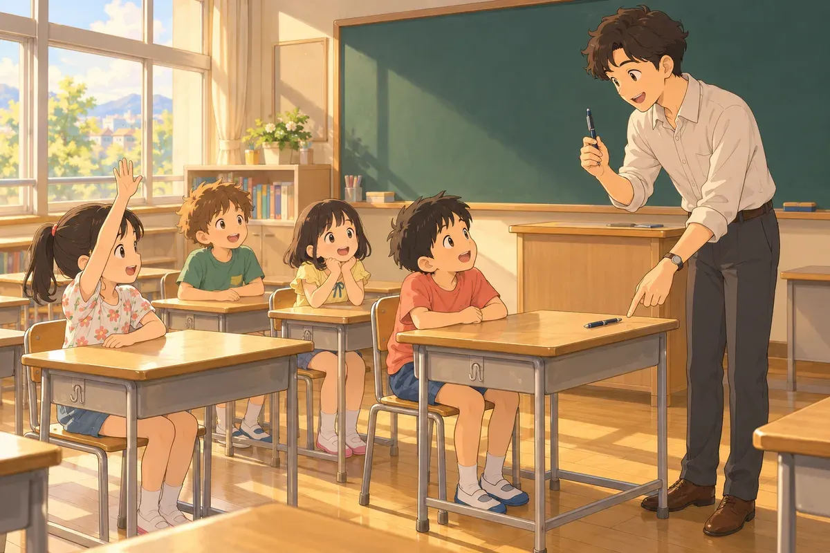 3年生の教室で、男性の先生が手元のペンを持ち上げながら、子どもの机の上のペンを指さしている。子どもたちは興味深そうに見つめ、一人が手を挙げている