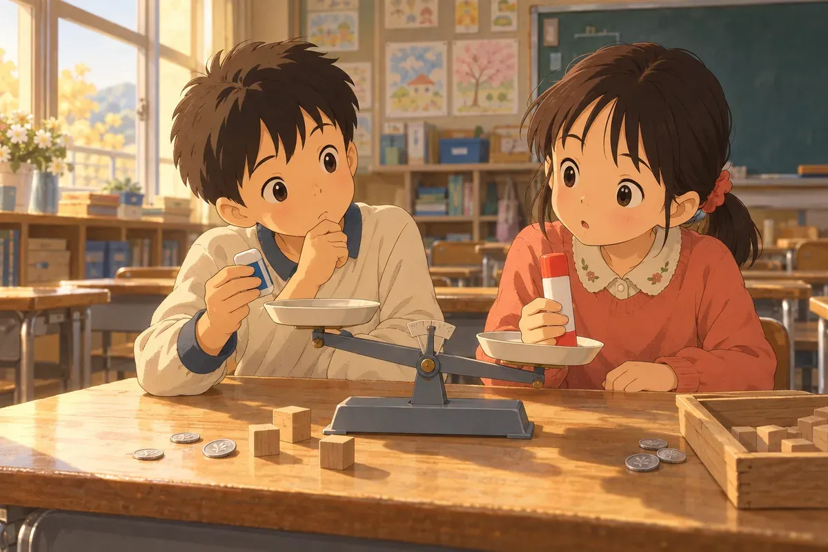 教室の机で、てんびんを前に消しゴムとのりを持って、どちらが重いか考える3年生の2人