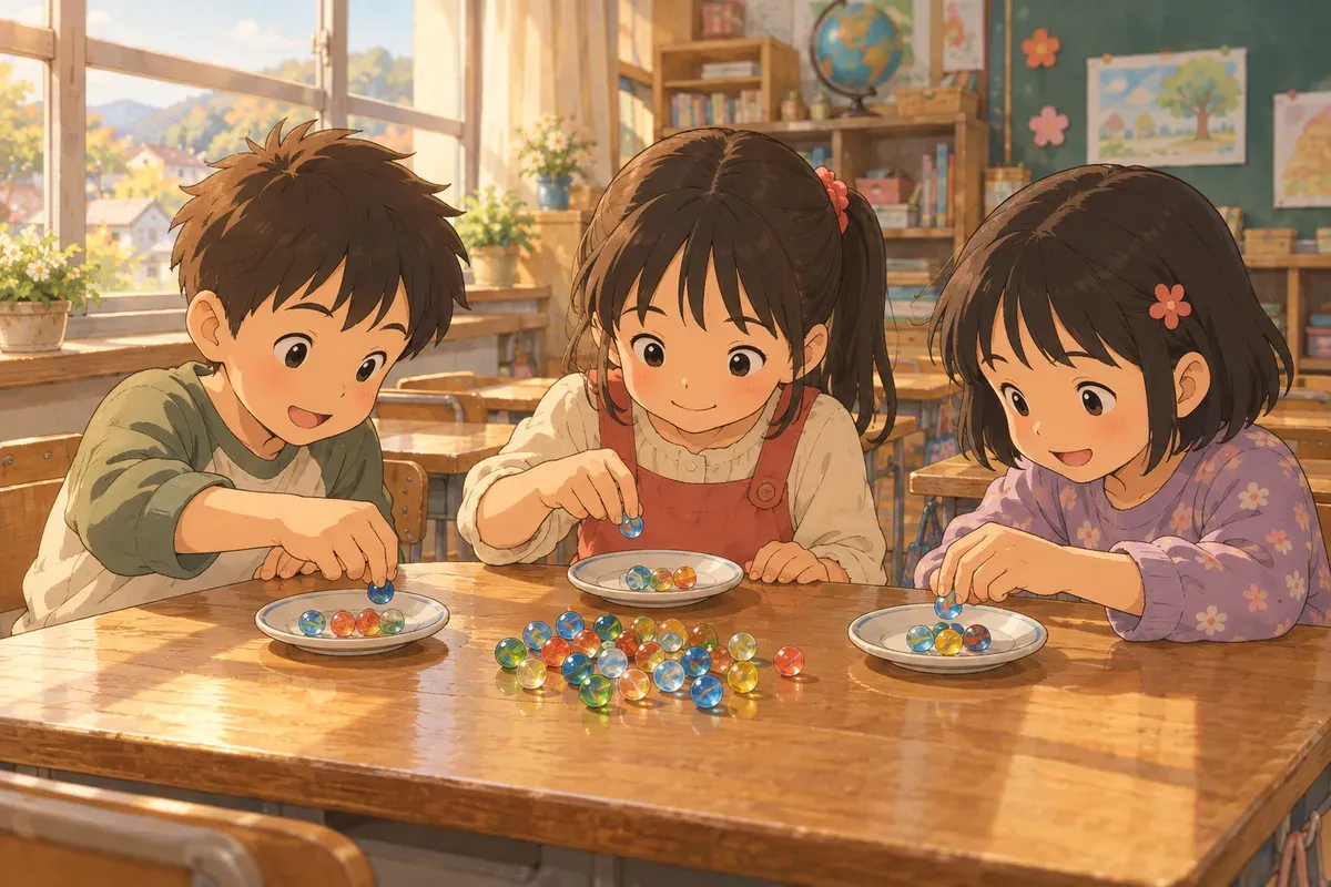 机を囲んだ3人の子どもが、おはじきを3枚の皿に同じ数ずつ配っている様子