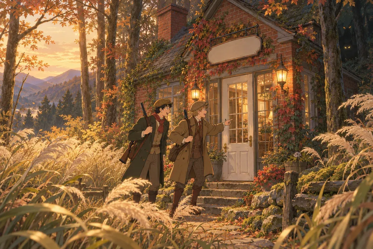 夕方の山奥、すすきの揺れる林の中に建つ小さな西洋風の家の前で、狩りの服装をした二人の紳士がうれしそうに戸を指さしている。家の裏の暗がりに、光る猫の目がかすかに見える