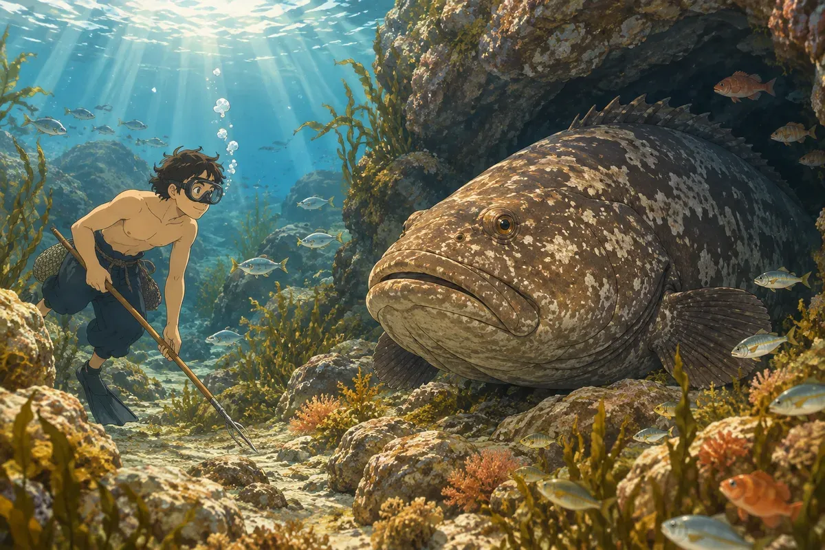 光の差しこむ海の底で、岩穴の前にじっととどまる大きなクエと、もりの先を足もとへ下げてほほえむ若い漁師