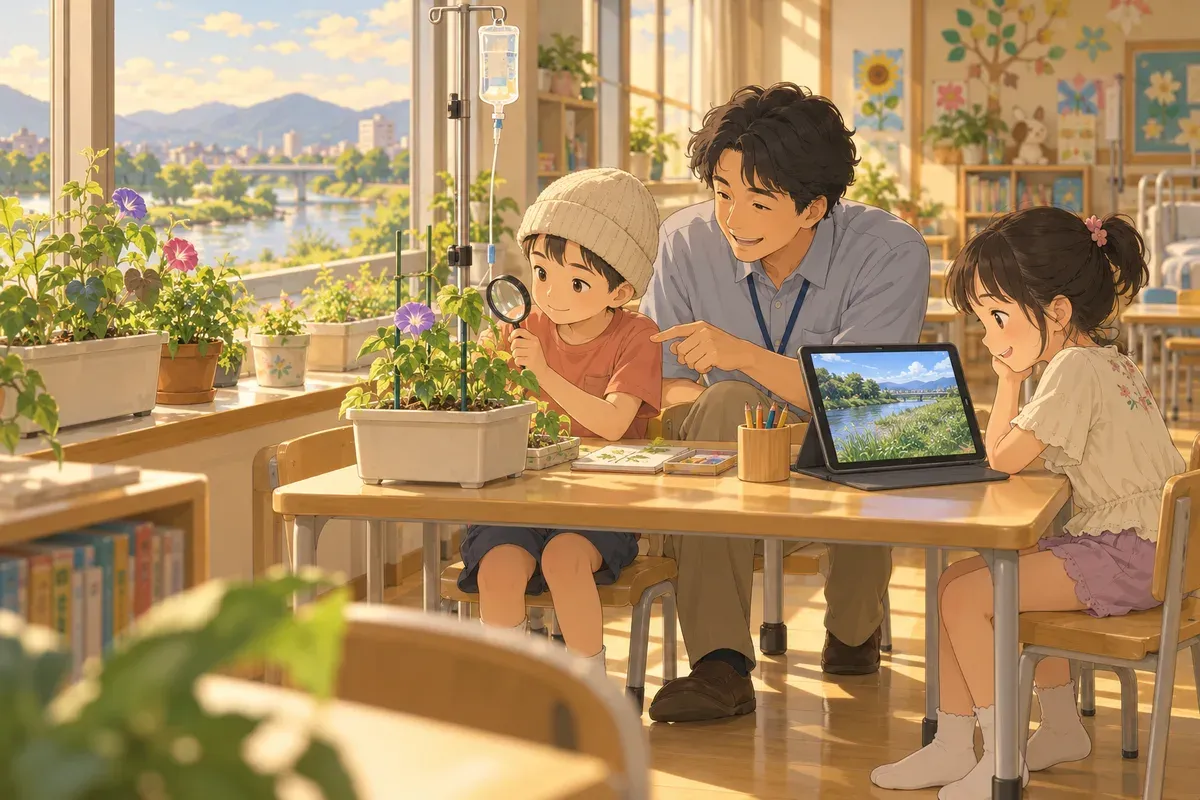 病院の中の明るい教室で、ニット帽をかぶった男の子が机の上のアサガオの鉢を虫眼鏡で見ている。隣の女の子はタブレットに映る川原の映像を見ていて、男性の先生がそばで葉を指さしている
