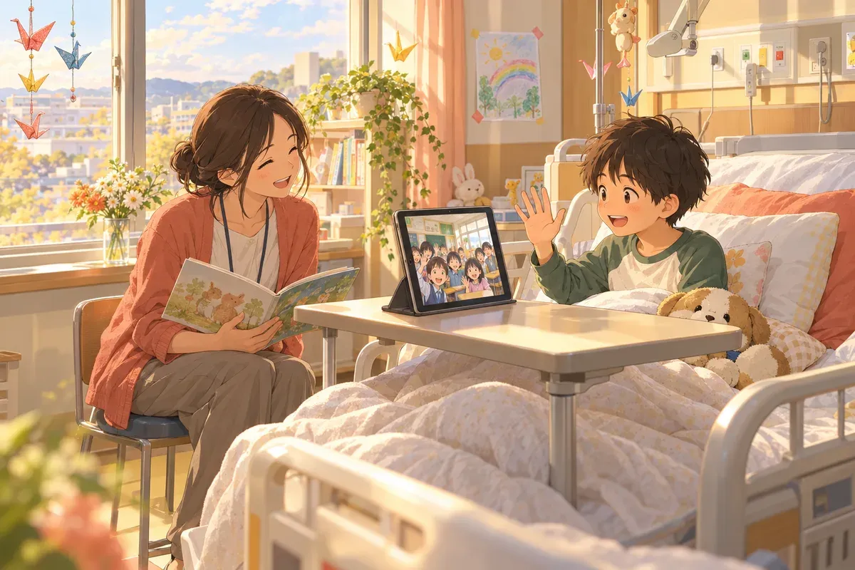 明るい病室で、ベッドに座った子がタブレットの画面に映る教室の友達に手を振っている。ベッドの横で先生が絵本を手に見守っている