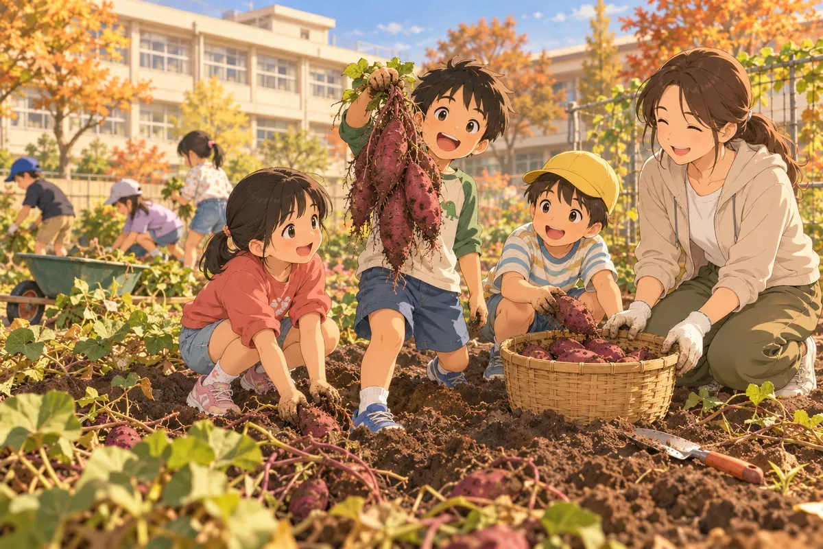 秋の学校の畑で、子どもたちがさつまいもを掘り出して喜んでいる。そばで先生がかごを支えて見守っている