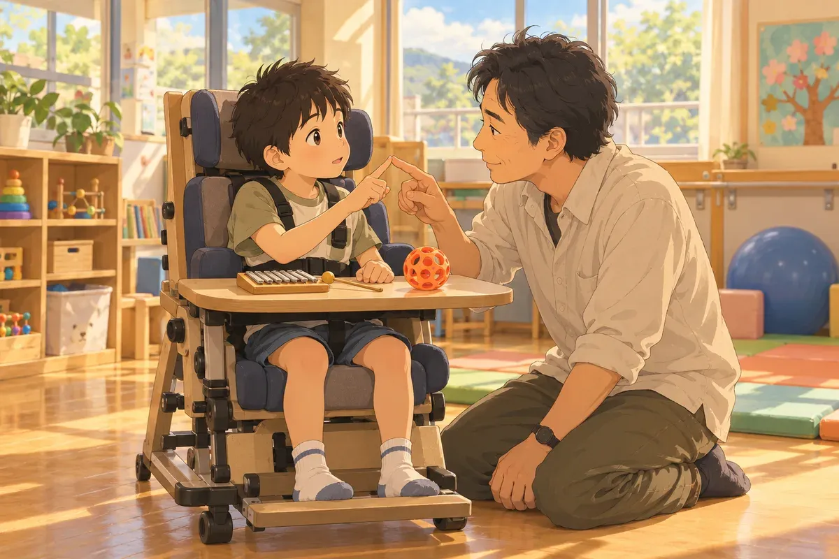 明るい教室で、座位保持いすに座った子が人差し指を伸ばし、隣にひざをついた男性の先生がその指先にそっと自分の指を合わせて応えている。机には小さな鉄琴とオレンジ色のボールがある