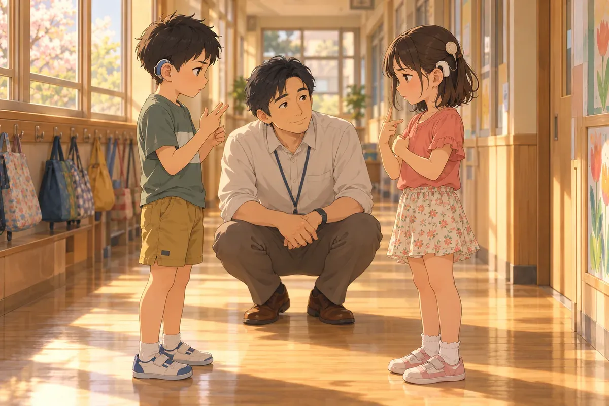 聴覚特別支援学校の廊下で、小さなけんかの後、補聴器をつけた男の子と人工内耳をつけた女の子が、少し気まずそうな顔で向き合っている。男性の先生は二人の間の少し後ろにしゃがみ、二人が顔を見て手話と言葉で気持ちを伝え合えるよう見守っている