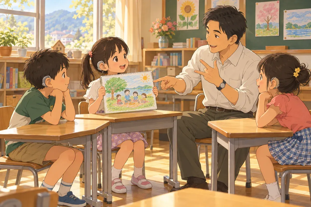 聴覚特別支援学校の明るい教室で、半円に座った子どもたちの前で、女の子が自分の絵日記の絵を見せている。男性の先生は子どもたちの方を向いて、話しながら手話で問いかけている