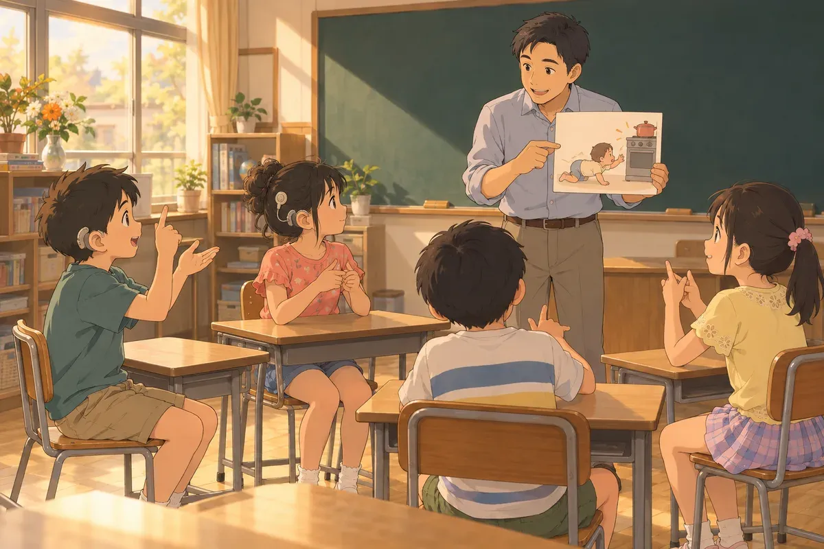明るい教室で、補聴器をつけた男の子が手を挙げて手話で話し、人工内耳をつけた女の子がそれを見ている。男性の先生は子どもたちの方を向いて、ストーブに近づく赤ちゃんの絵カードを見せている