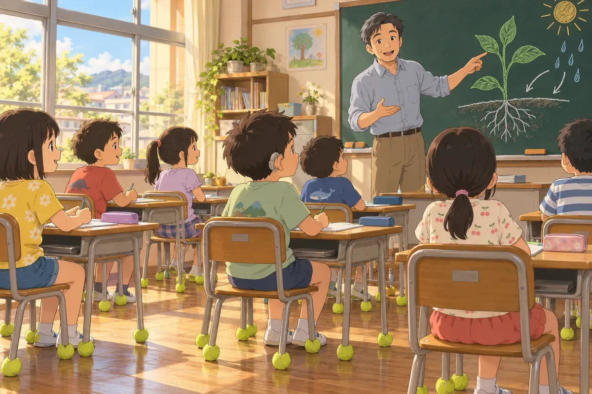 明るい教室で、耳に補聴器をつけた子が席から先生を見ている。先生は子どもたちの方を向き、黒板にかいた植物の絵を指しながら話している。机やいすの脚の先には、テニスボールがかぶせてある