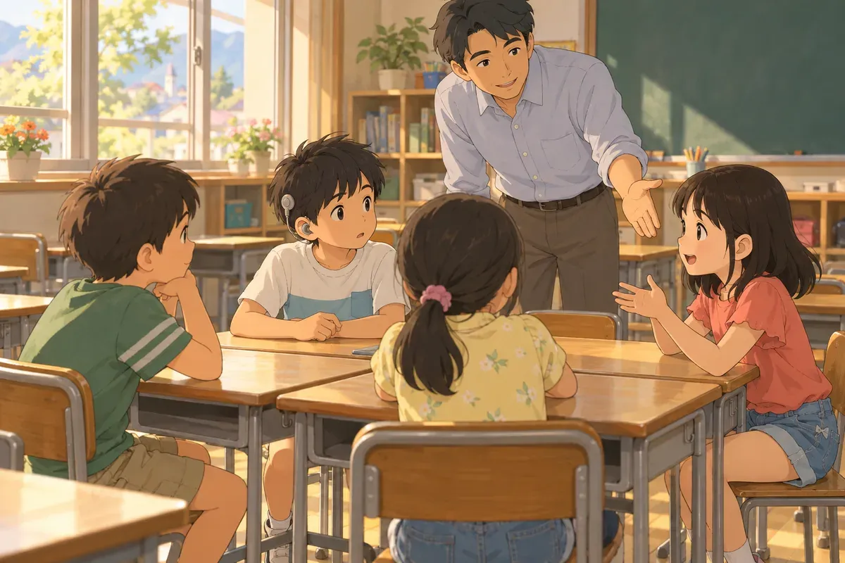 小学校の教室で、4人の子どもが机を合わせて話し合っている。人工内耳をつけた男の子は、誰が話しているのかを探すように友達の顔を見回している。そばに立つ男性の先生が、いま話している女の子の方を手のひらで示し、男の子がそちらを向けるようにしている