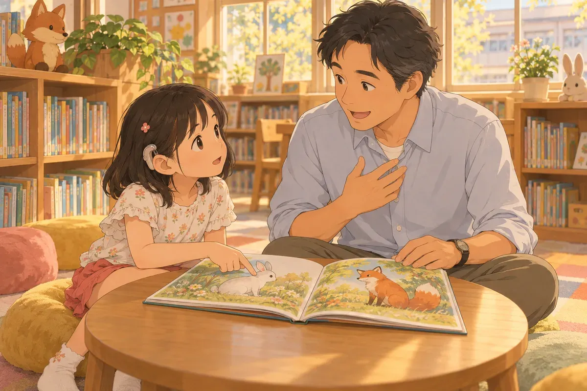 学校の図書コーナーで、補聴器をつけた女の子が男性の先生と並んで絵本を開き、先生の顔を見上げながら絵のうさぎを指さしている。先生は女の子の方を向いて話している