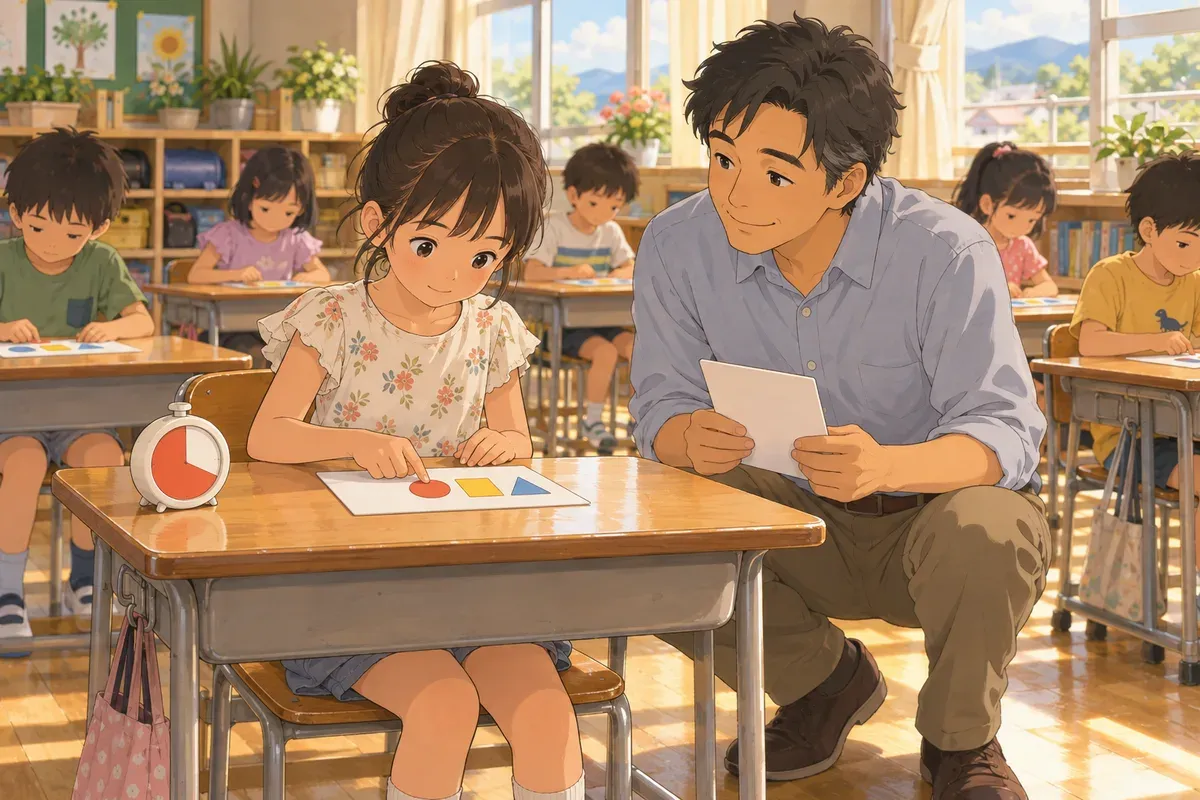 支援のイメージ。小学3年生くらいの女の子が教室の机で、机の端に置いた丸いタイマーを確かめながら、目の前の一枚のカードの課題に取り組んでいる。机の上には、ほかのカードは出ていない。そばで男性の先生がしゃがみ、次のカードを手に持って待っている