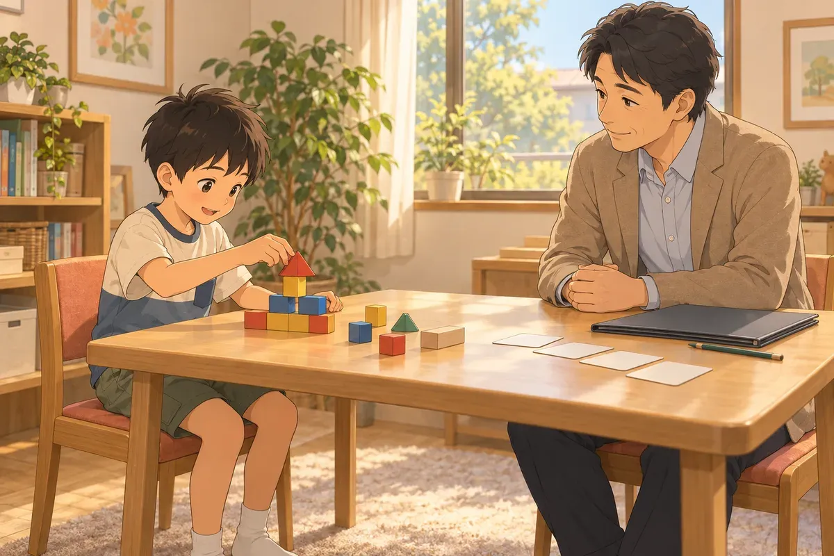 窓のある落ち着いた小さな部屋で、男の子が色のついた積み木を並べることに集中している。向かいに座った男性がほほえみながら見守っている