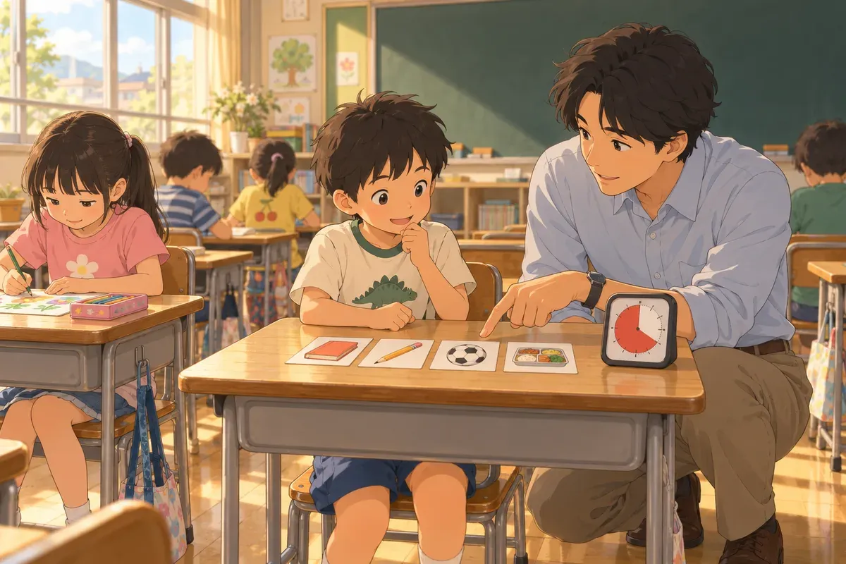 明るい教室で、男性の先生が2年生の子の机の横にしゃがみ、絵だけのカードとタイマーを指さしている。子どもは安心した表情でカードを見ている