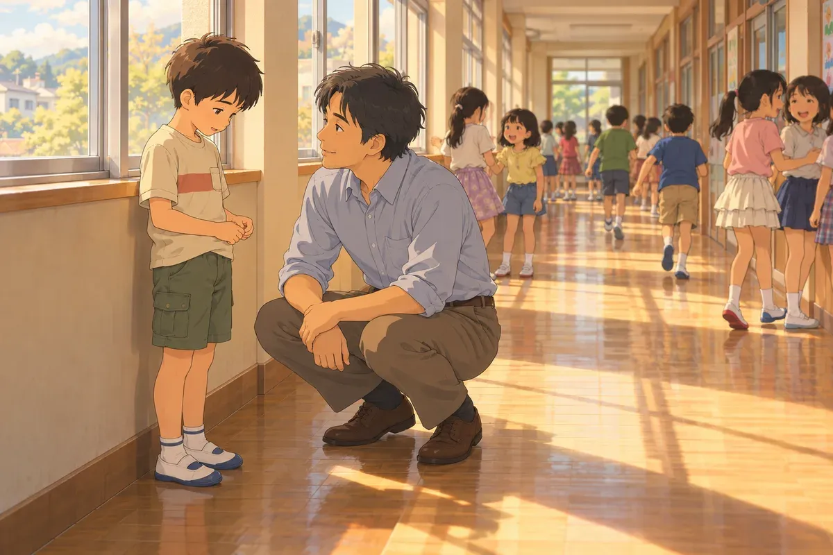 休み時間の明るい廊下で、窓際で男性の先生が少しかがんで男の子と目の高さを合わせ、静かに話しかけている。男の子は少しうつむきながらも話し始めている。廊下の遠くでは、ほかの子どもたちが遊んでいて、二人を気にしていない