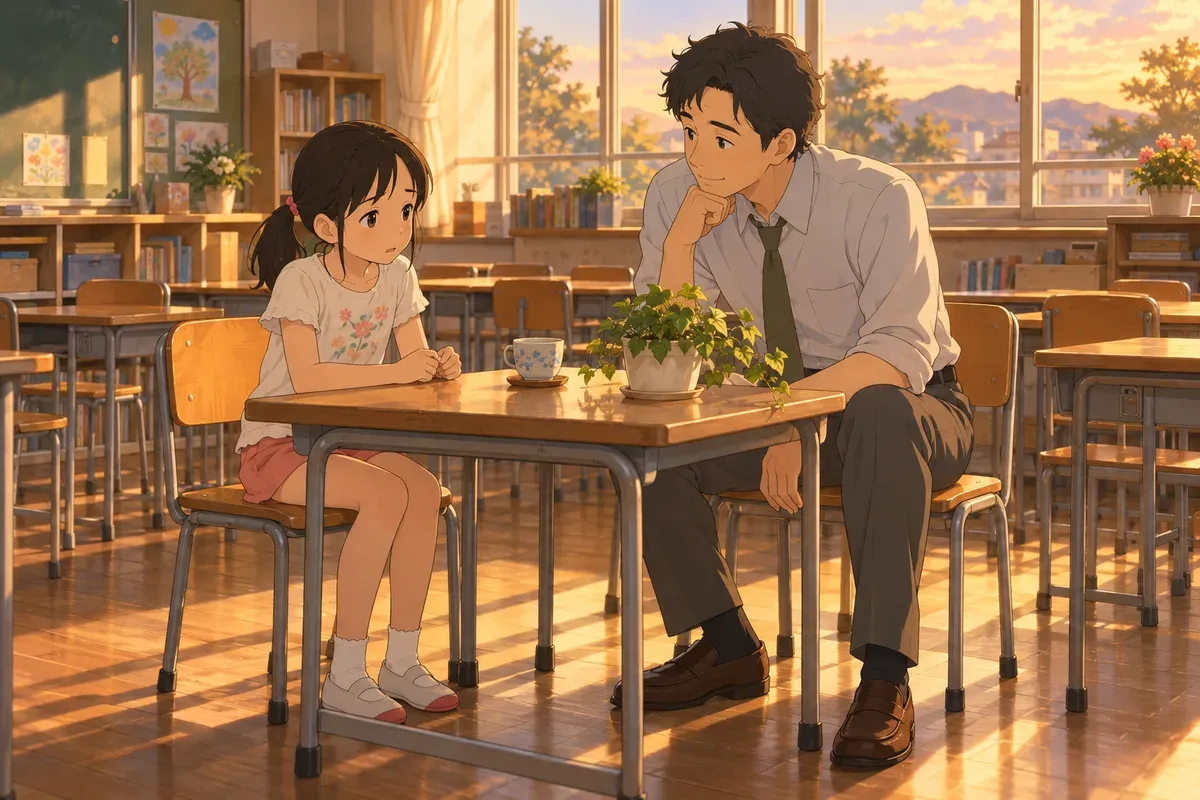 夕方の光が差す放課後の誰もいない教室で、少し心配そうな顔の女の子と男性の先生が小さな机に向かって座っている。先生は頬に手を当て、穏やかな表情で女の子の話を聴いている