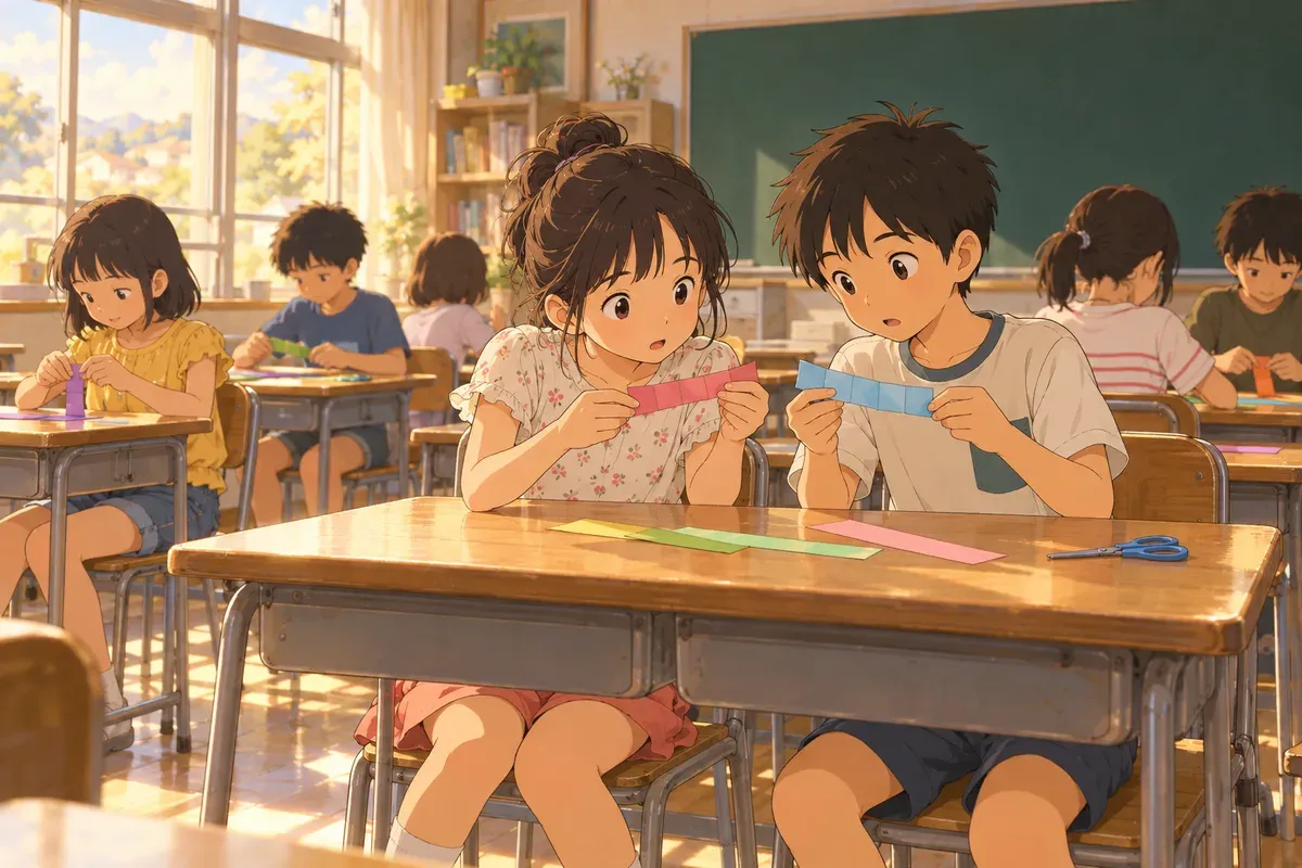 教室で、私服の4年生2人が並んで座り、等分に折った色紙のテープを見比べている