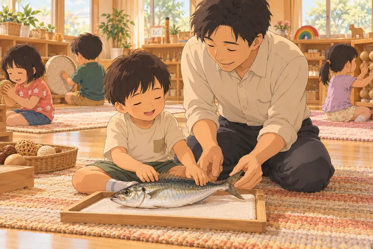 視覚特別支援学校の幼稚部の明るい遊び部屋で、目を閉じた4歳くらいの男の子がマットに座り、トレイに載った一匹のアジを両手で触っている。ひれや尾に触れて、うれしそうに驚いた顔をしている。そばで男性の先生がひざをつき、頭から尾へと男の子の手を導いている。遊び場はじゅうたんと低い棚で区切られている