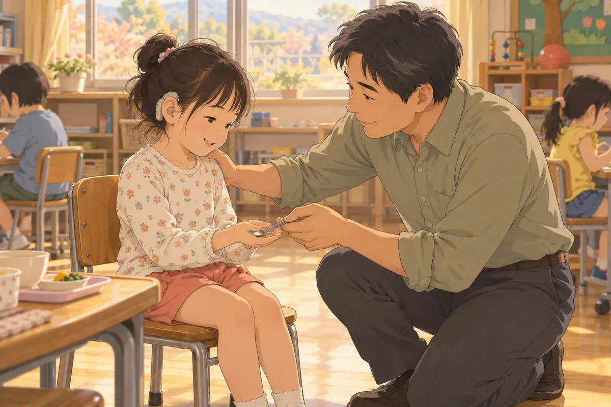 特別支援学校の落ち着いた教室で、補聴器をつけた8歳くらいの女の子がいすに座っている。前にひざをついた男性の先生が、片手で女の子の肩にそっと触れて合図を送り、もう片方の手で女の子の手のひらに小さなスプーンを載せている。女の子はスプーンを確かめながら、穏やかにほほえんでいる