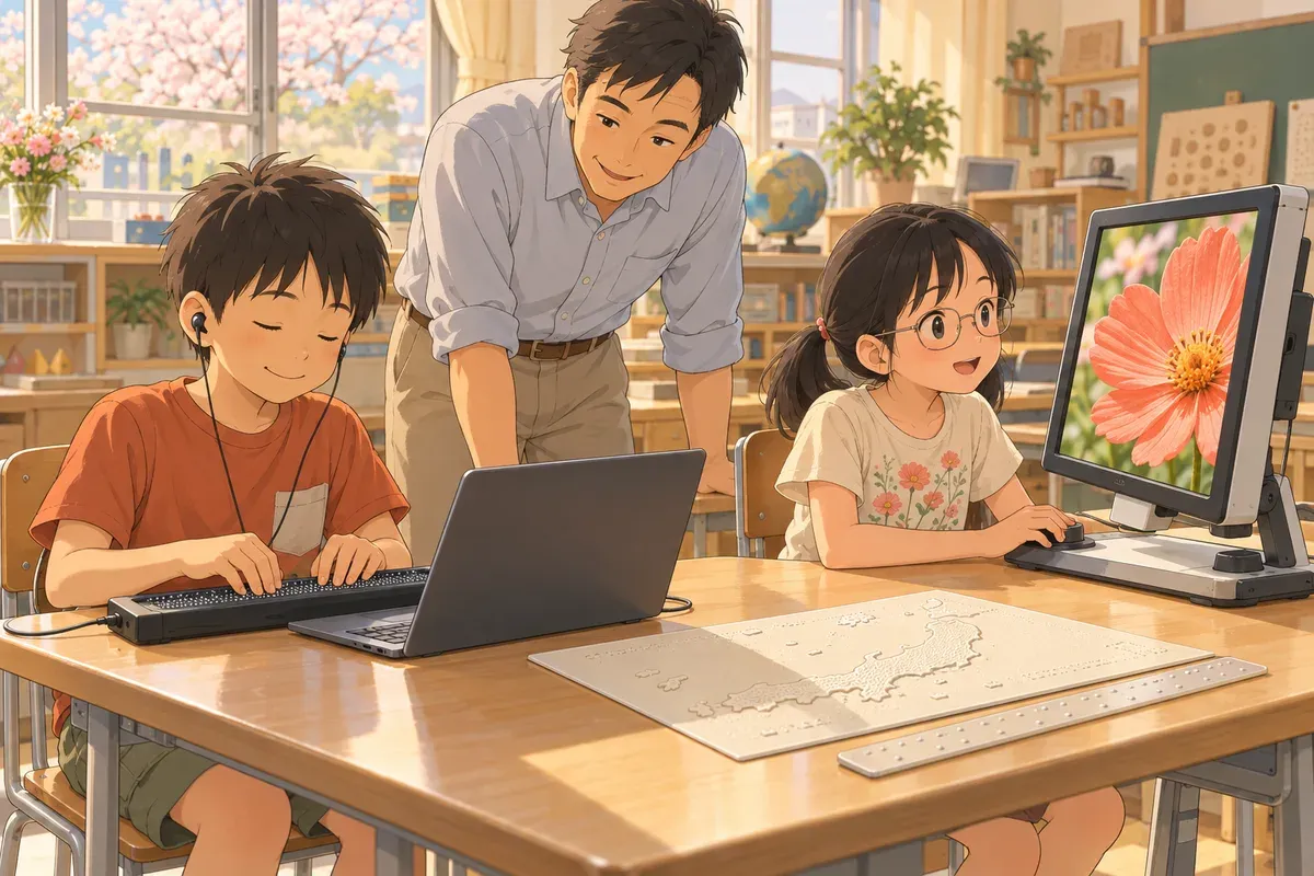 視覚特別支援学校の明るい教室で、目を閉じた男の子がパソコンにつないだ点字ディスプレイを指で読み、隣で眼鏡の女の子が拡大読書器の画面に大きく映った花を見ている。間で男性の先生が二人の手元をのぞき込んでいる