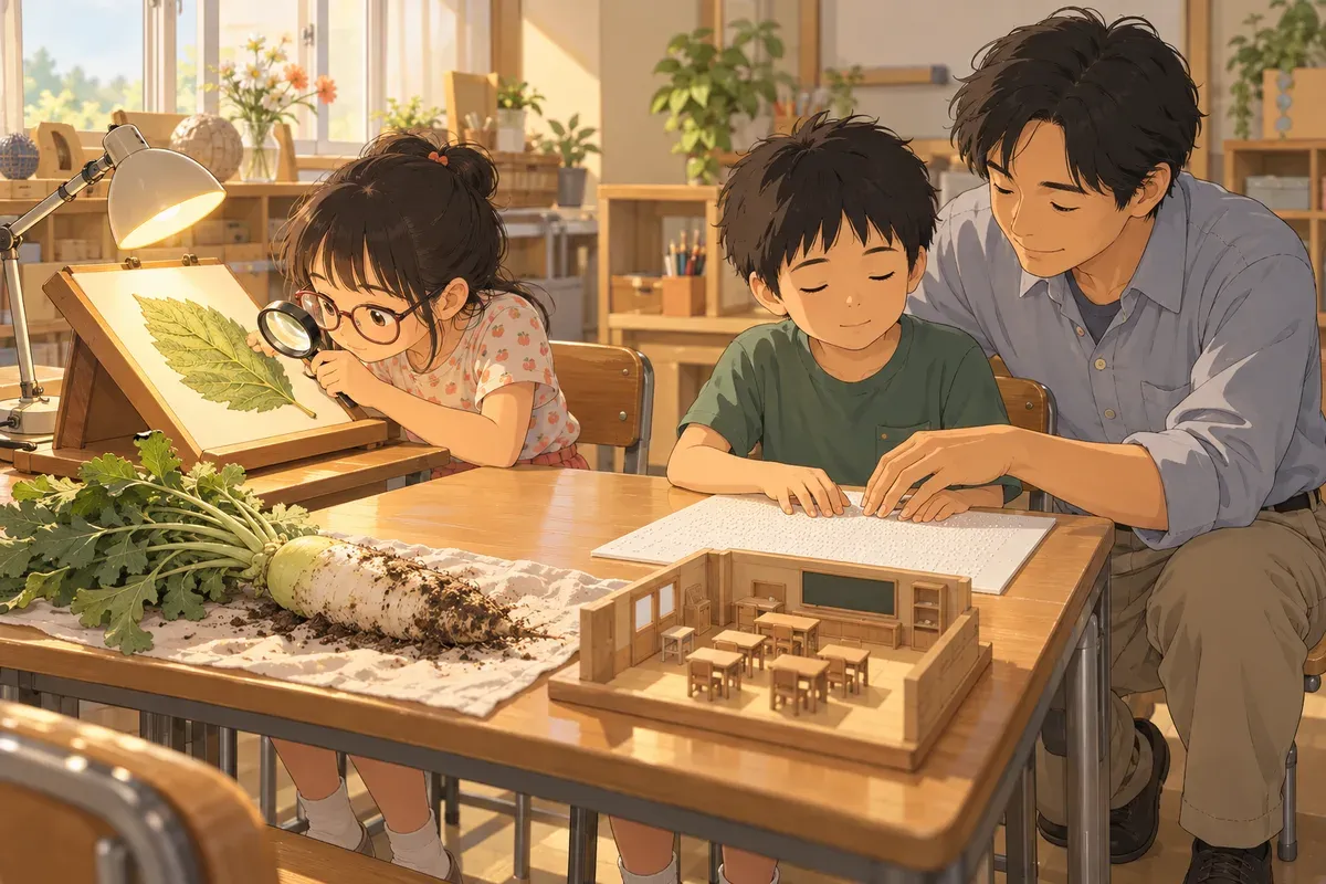 明るい教室で、目を閉じた男の子が両手の指先で点字の用紙を読み、男性の先生がそばで手を添えている。隣では眼鏡の女の子が書見台の絵を手元のルーペで見ていて、机には葉と土の付いた大根と、教室の模型が置かれている