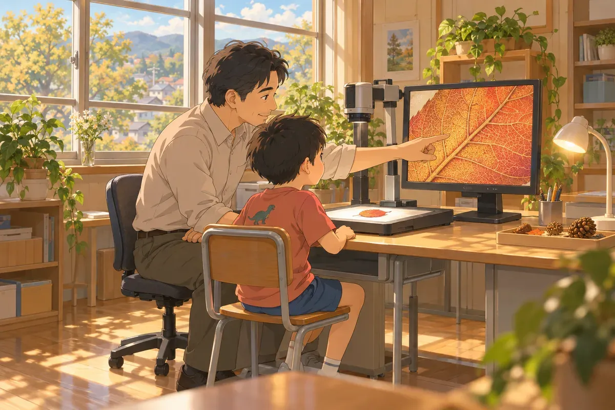 小さな弱視学級の教室で、男の子が拡大読書器のカメラの下に葉を置き、画面に大きく映った葉脈を見ている。隣で男性の先生が画面の葉脈を指さしている