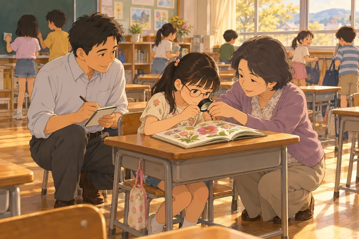 明るい教室で、眼鏡をかけた女の子がルーペで花の絵本を見ている。隣で、盲学校から来た女性の先生がルーペの持ち方を見せ、男性の担任の先生がメモを取りながら見ている