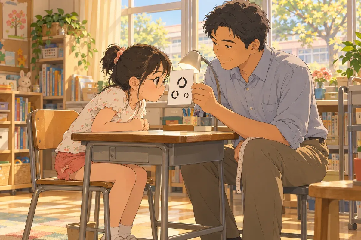 明るい教室で、眼鏡をかけた女の子が、男性の先生が手に持つ小さな白いカードに顔を近づけて見ている。カードには切れ目のある輪がいくつか描かれ、先生の膝には巻き尺がかかっている