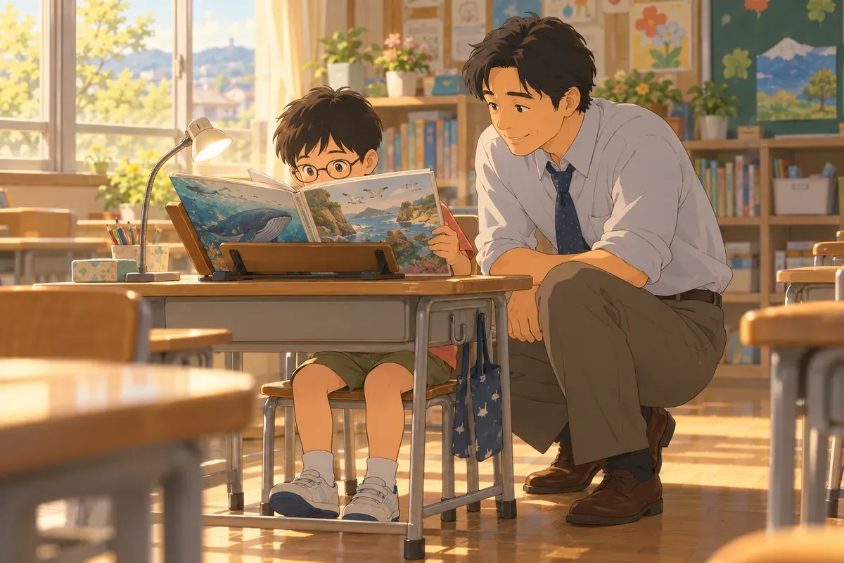 明るい教室で、眼鏡をかけた子が書見台に立てた大きな絵本に顔を近づけて読んでいる。手元をスタンドが照らし、隣で男性の先生がしゃがんで見守っている