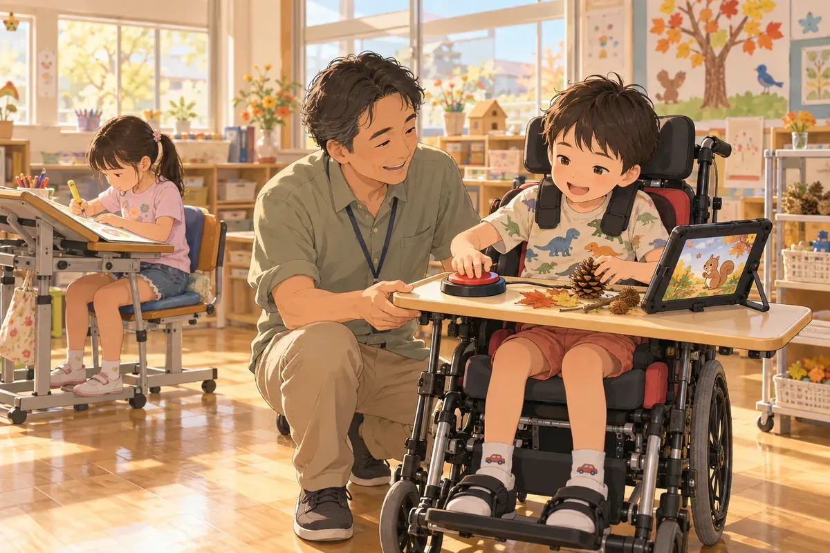 明るい教室で、車いすに座った男の子がトレイの上の大きなスイッチを押し、本物の松ぼっくりに触れている。横で男性の先生がひざをついて目の高さを合わせ、奥では女の子が傾斜のついた書見台で太い鉛筆を使って書いている