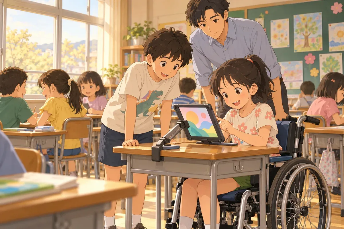 明るい教室で、車いすに座った子が、机に取り付けたアームの先のタブレットを指で操作している。隣の子が画面をのぞき込み、後ろから男性の先生がほほえんで見守っている