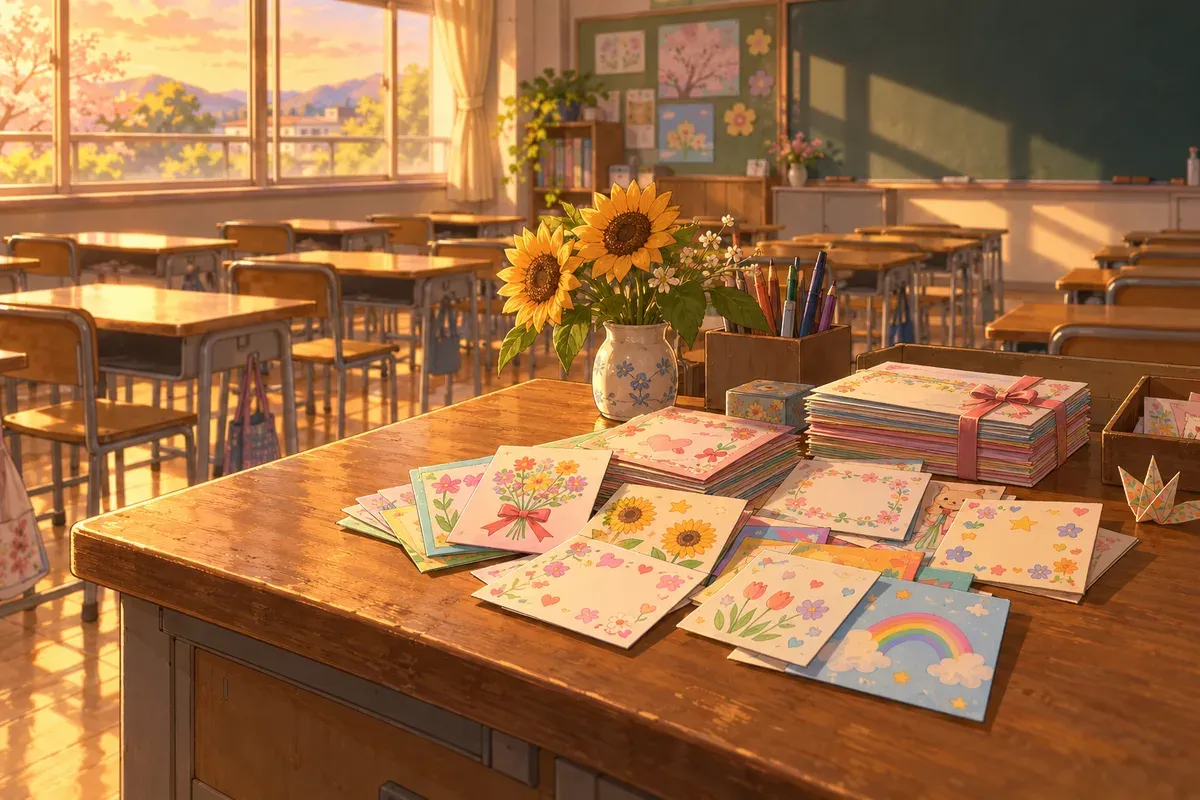 夕方の教室の机の上に、花や星の絵で飾られた色とりどりのメッセージカードが並び、ひまわりが飾られている