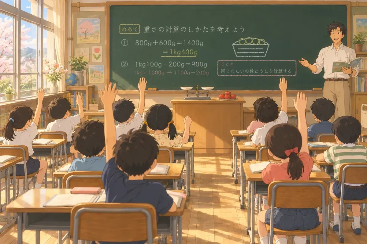 研究授業「重さの計算」の板書（めあて、800g＋600g＝1400g＝1kg400g、1kg100g－200g＝900g、みかんのかごの絵、まとめ）の前で、手を挙げる子どもたちに語りかける男性の教育実習生