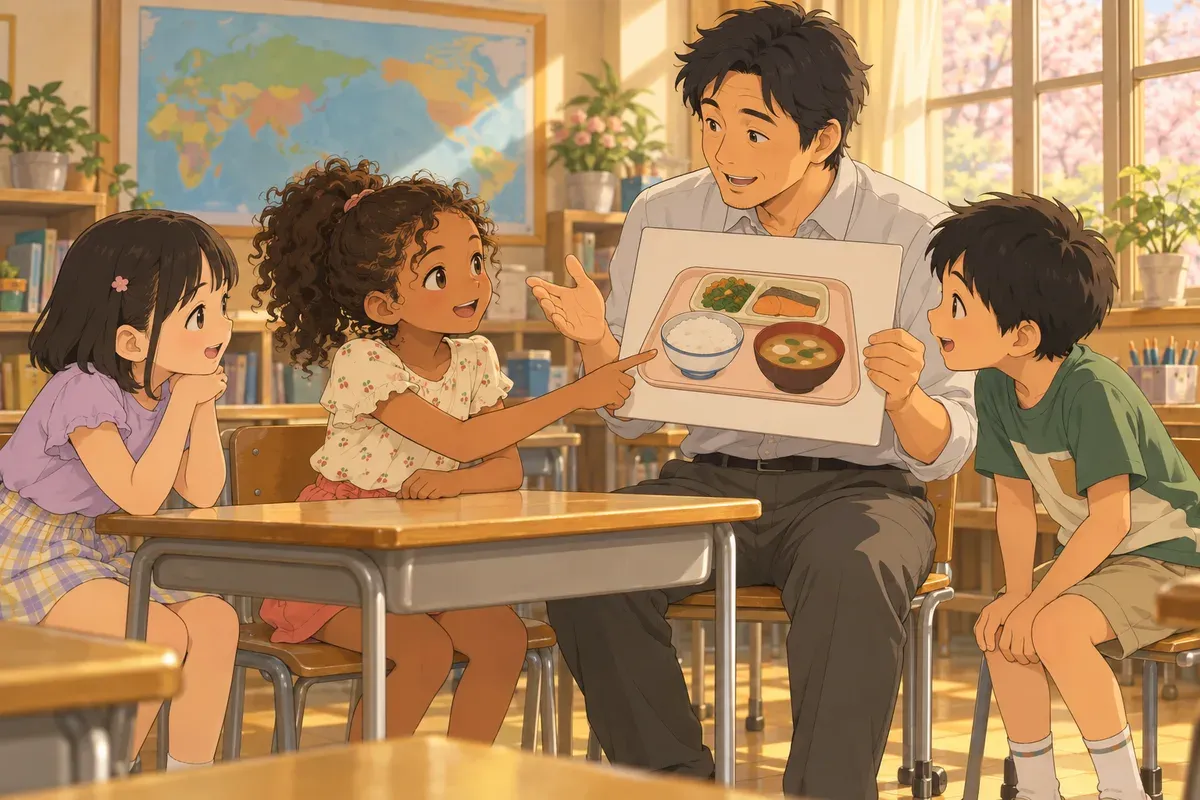 教室の一角で、男性の先生がご飯と汁物の給食の絵カードを見せながらゆっくり話し、外国につながる女の子が絵を指さして笑っている。近くの席の男の子と女の子が身を乗り出して手伝っている