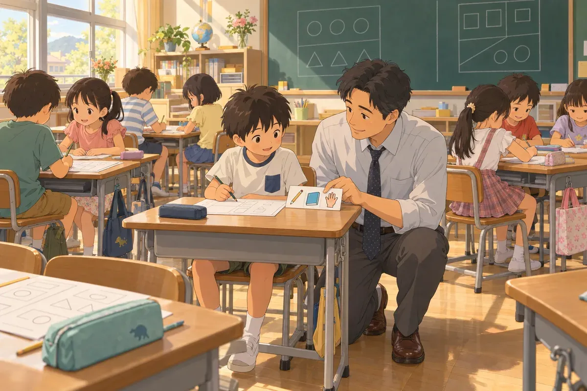 算数の時間の教室で、男性の先生が男の子の机の横にしゃがみ、鉛筆・本・挙手の絵が並んだ小さなカードを机に置いている。男の子はほっとした表情でカードを見ている
