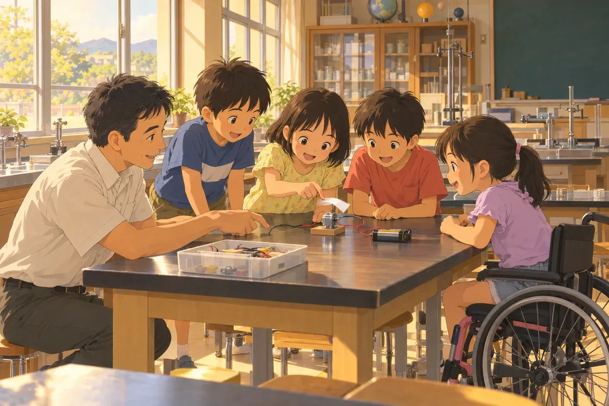 理科室で、車いすを使う子を含む私服の子どもたちが同じ机を囲み、モーターを回す回路を一緒に作っている。先生がそばで回路を指さしている