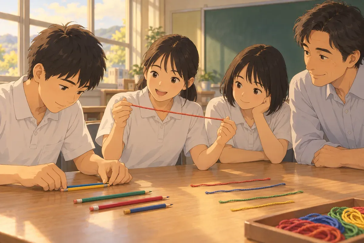 教室の机で、鉛筆やひもを並べて長さを比べる高校生くらいの生徒たちと、隣で見守る男性の教育実習生