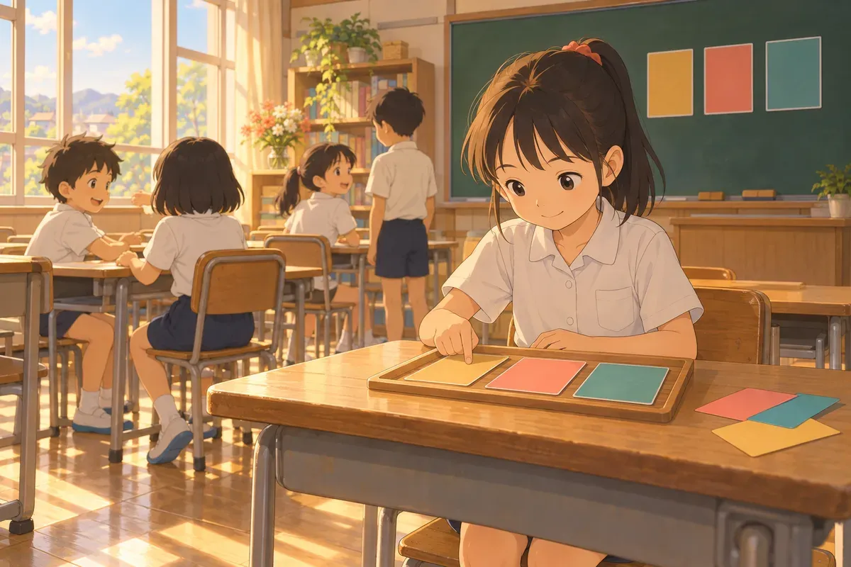 教室の机で、トレーに並べた3枚の色カードの1枚目に指を置いて見つめる3年生。後ろの黒板にも同じ色のカードが3枚貼られている